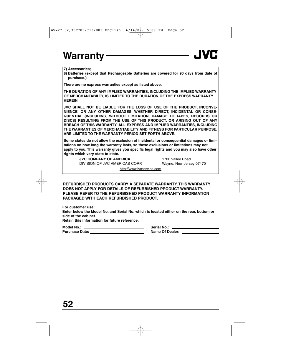Warranty | JVC AV-27F803 User Manual | Page 52 / 56