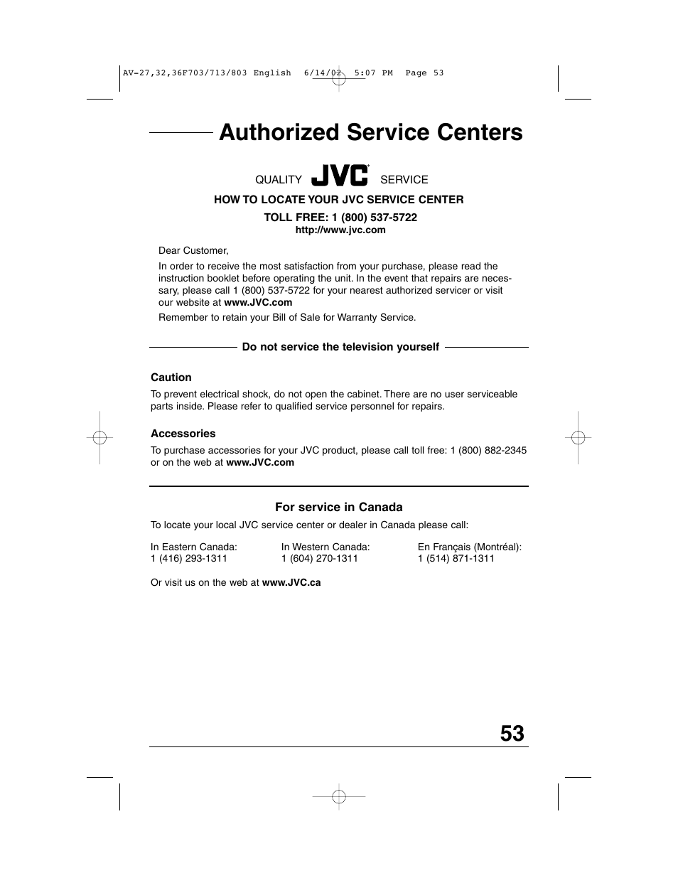 Authorized service centers | JVC AV-27F803 User Manual | Page 53 / 56