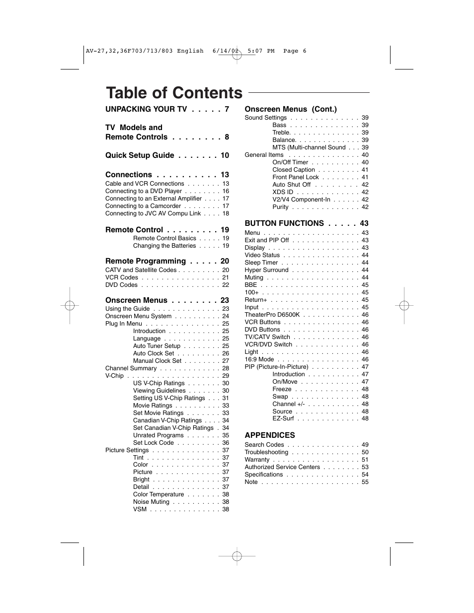 JVC AV-27F803 User Manual | Page 6 / 56