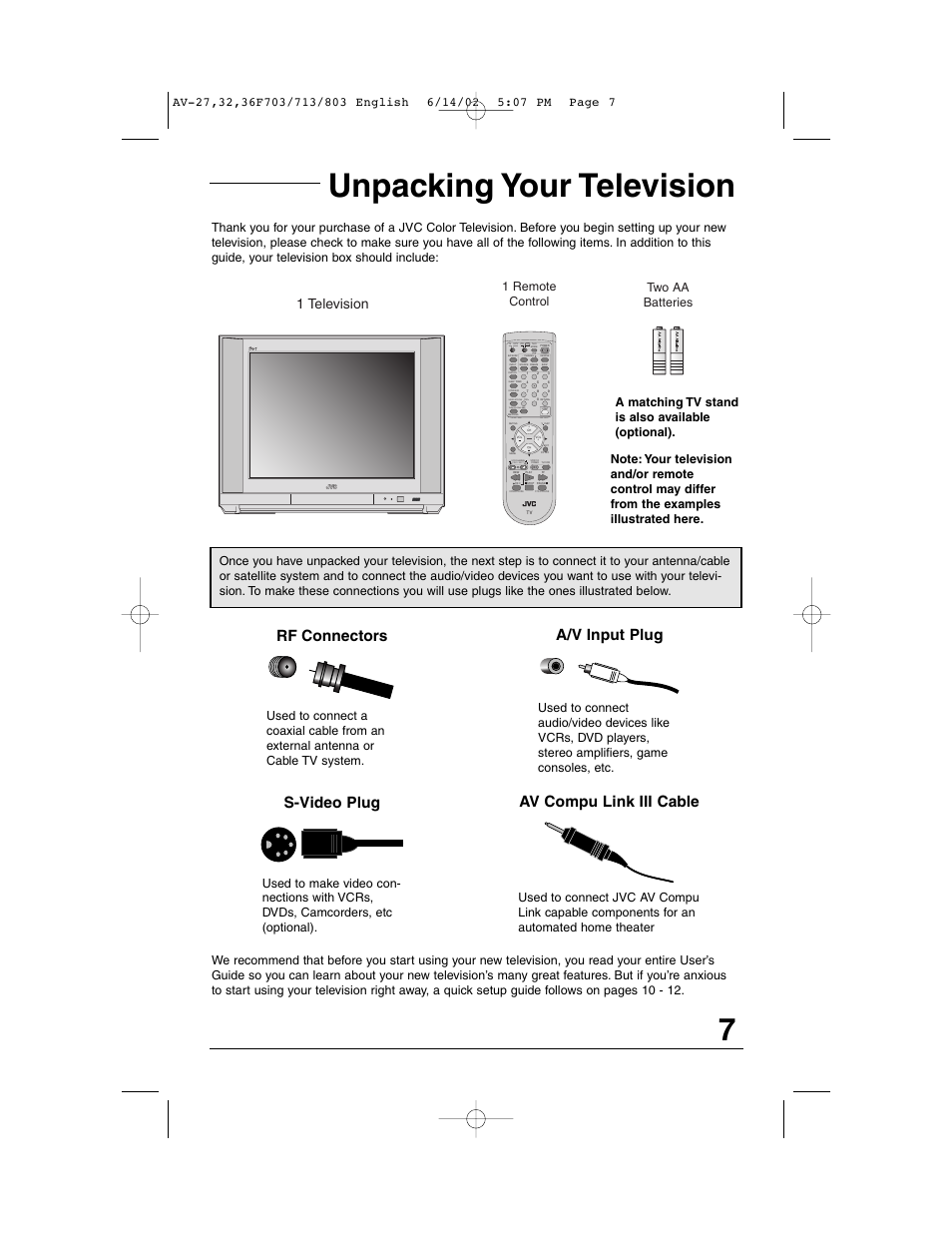 Unpacking your television, A/v input plug rf connectors, S-video plug av compu link iii cable | 1 television, Video status, Theater pro, Two aa batteries | JVC AV-27F803 User Manual | Page 7 / 56