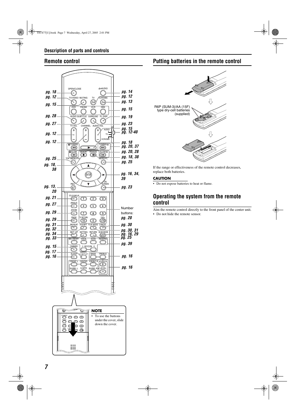 Operating the system from the remote control, Description of parts and controls, Pg. 12 | JVC SP-THS77C User Manual | Page 10 / 46