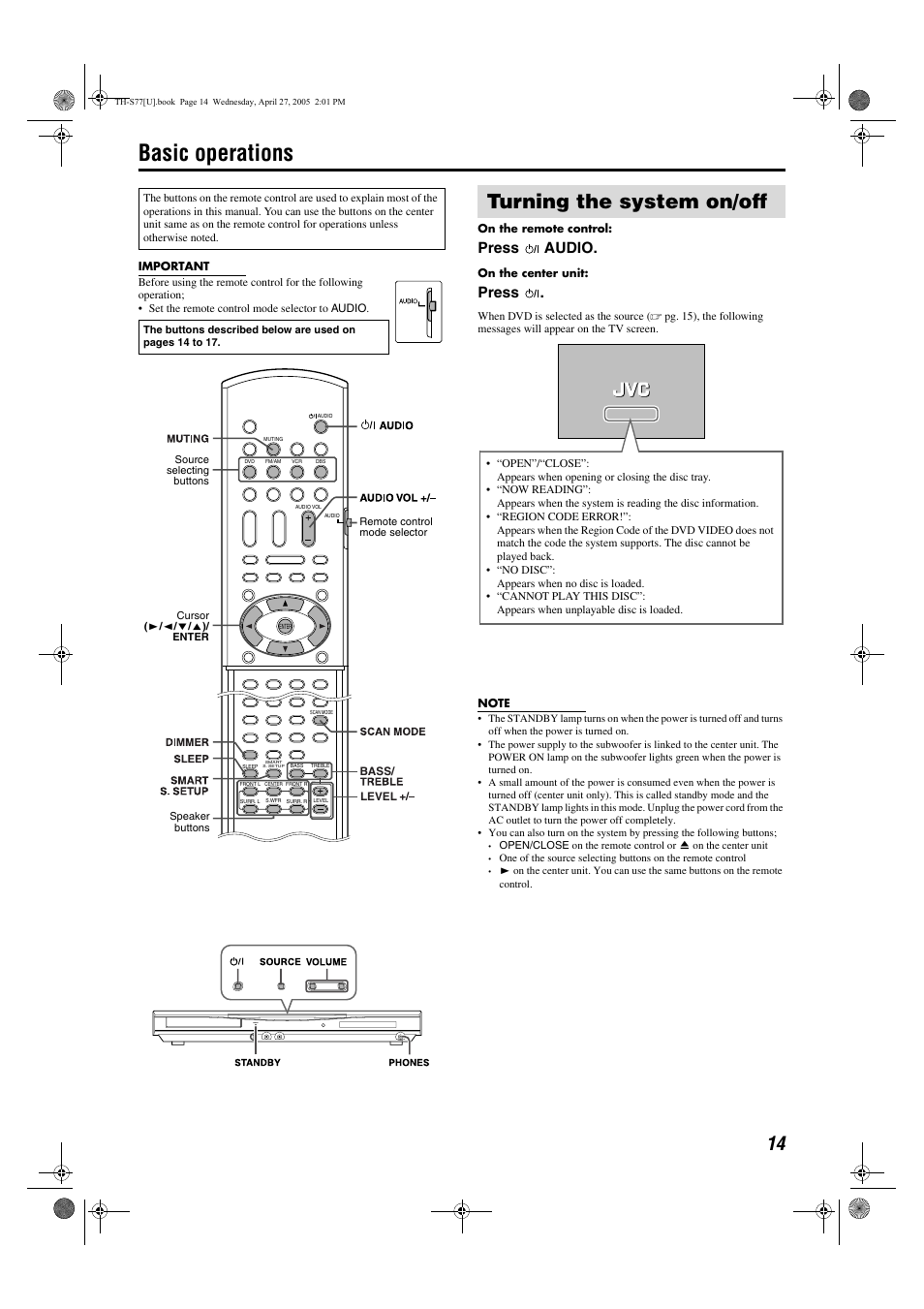 Basic operations, Turning the system on/off, Press audio | Press, Phones standby | JVC SP-THS77C User Manual | Page 17 / 46