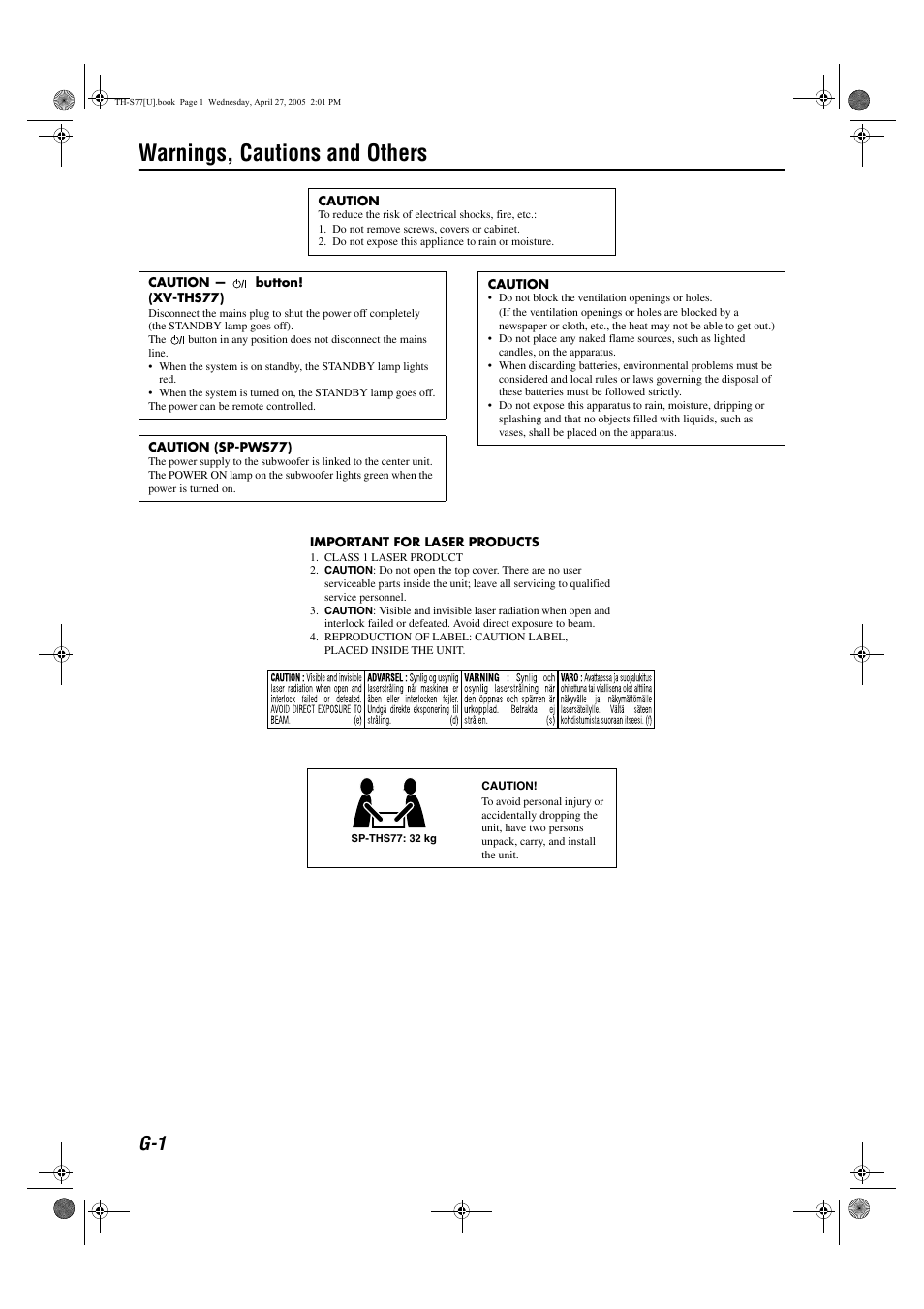 Warnings, cautions and others | JVC SP-THS77C User Manual | Page 2 / 46