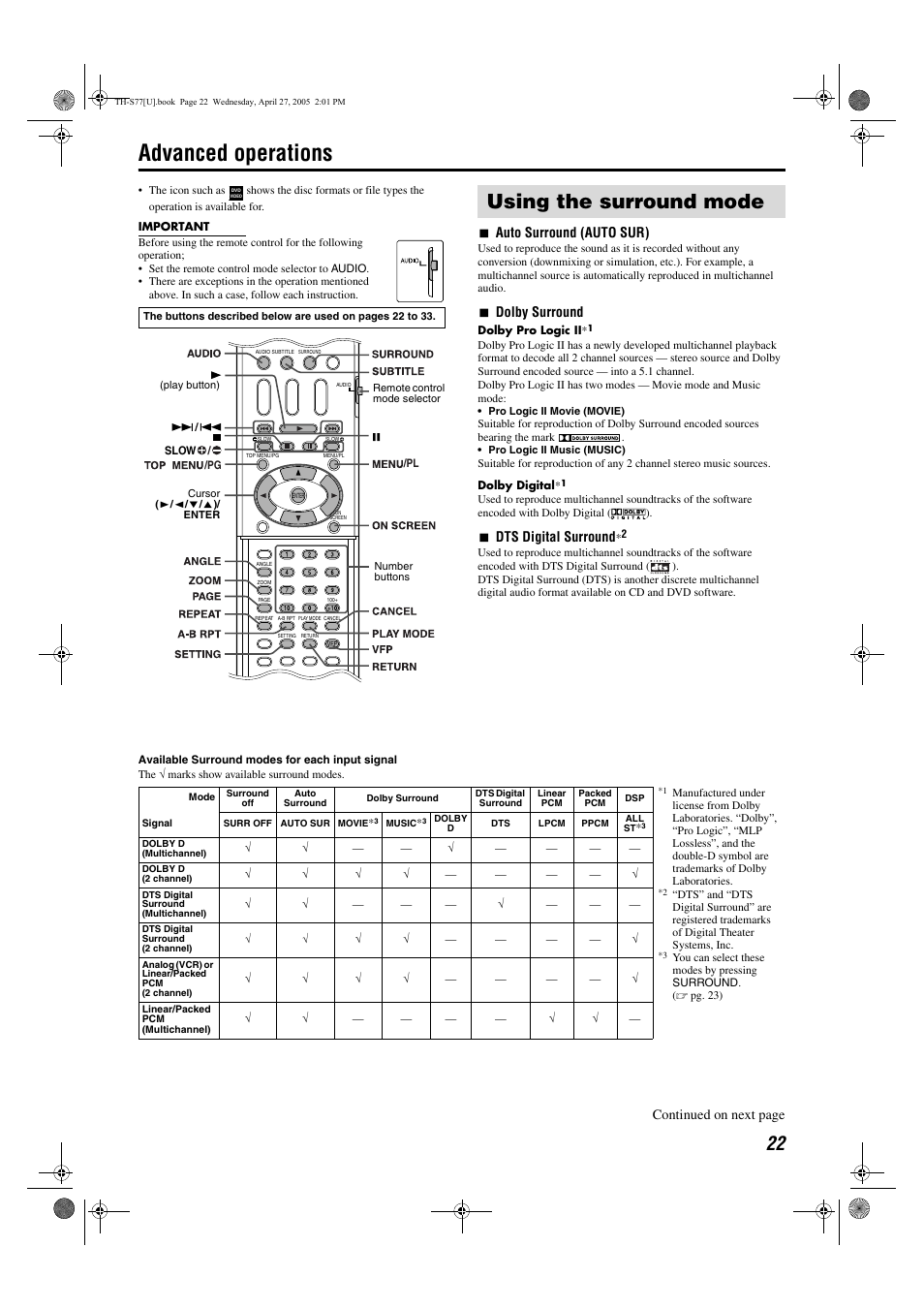 Advanced operations, Using the surround mode, 7auto surround (auto sur) | 7dolby surround, 7dts digital surround, Continued on next page | JVC SP-THS77C User Manual | Page 25 / 46