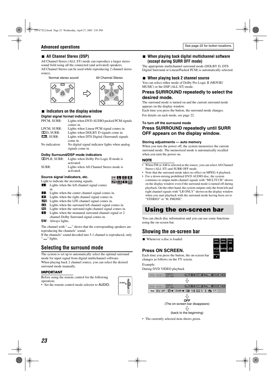 Using the on-screen bar, Selecting the surround mode, Showing the on-screen bar | Advanced operations, Press on screen | JVC SP-THS77C User Manual | Page 26 / 46