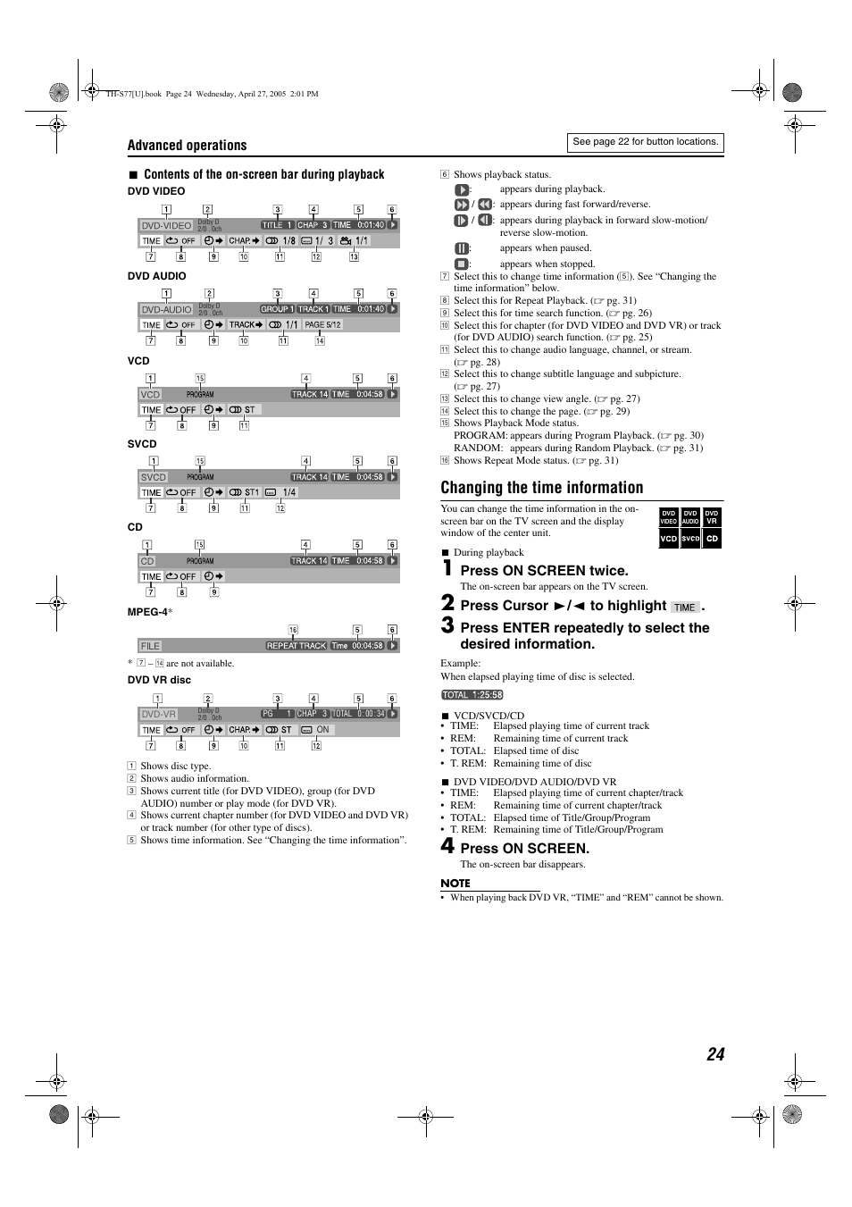 Changing the time information, Advanced operations, Press on screen twice | Press cursor 3 / 2 to highlight, Press on screen | JVC SP-THS77C User Manual | Page 27 / 46