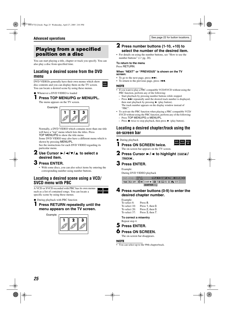 Playing from a specified position on a disc, Locating a desired scene from the dvd menu | JVC SP-THS77C User Manual | Page 28 / 46