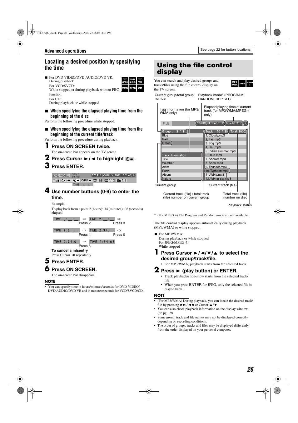 Using the file control display, Locating a desired position by specifying the time | JVC SP-THS77C User Manual | Page 29 / 46