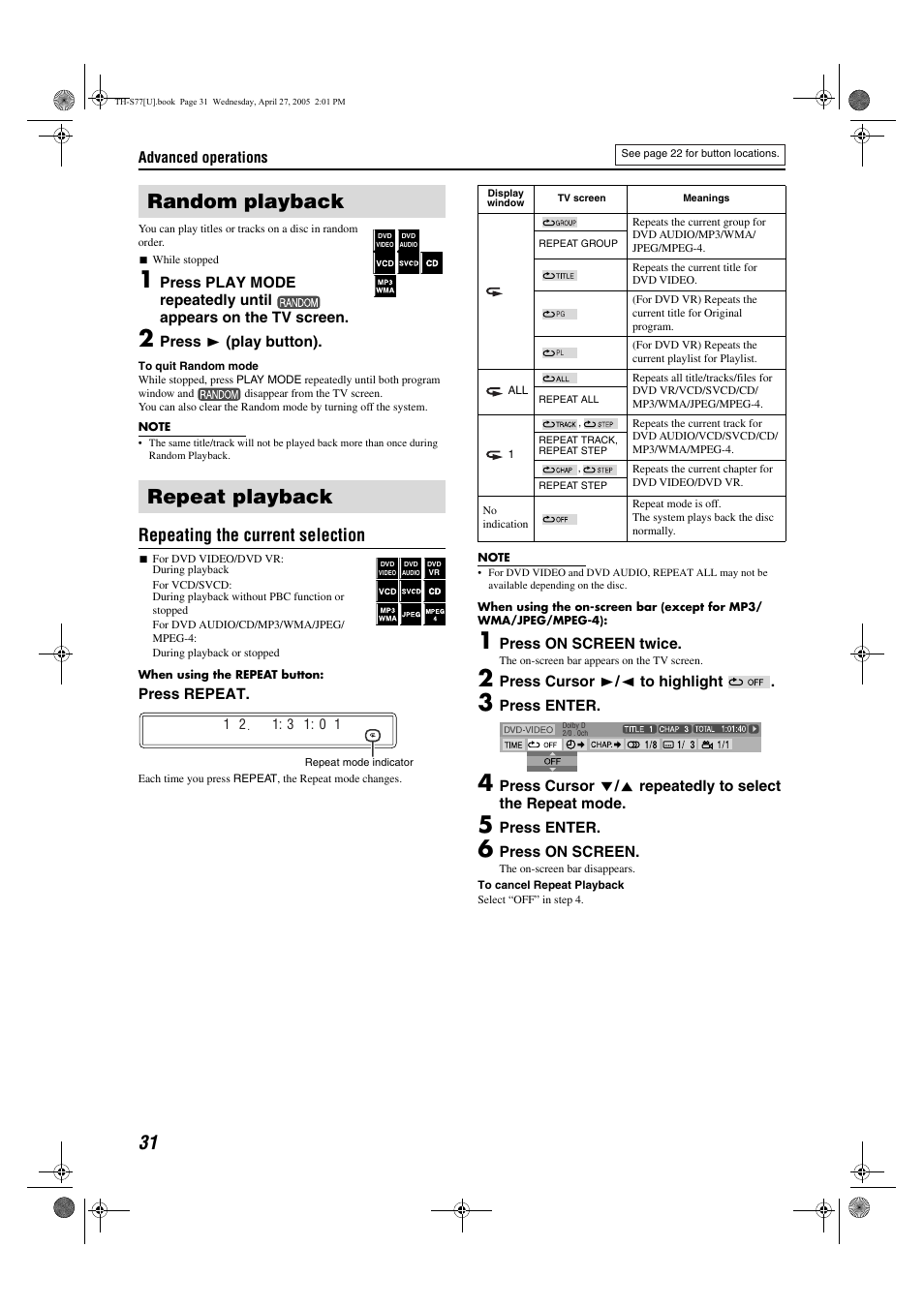 Random playback repeat playback, Repeating the current selection | JVC SP-THS77C User Manual | Page 34 / 46