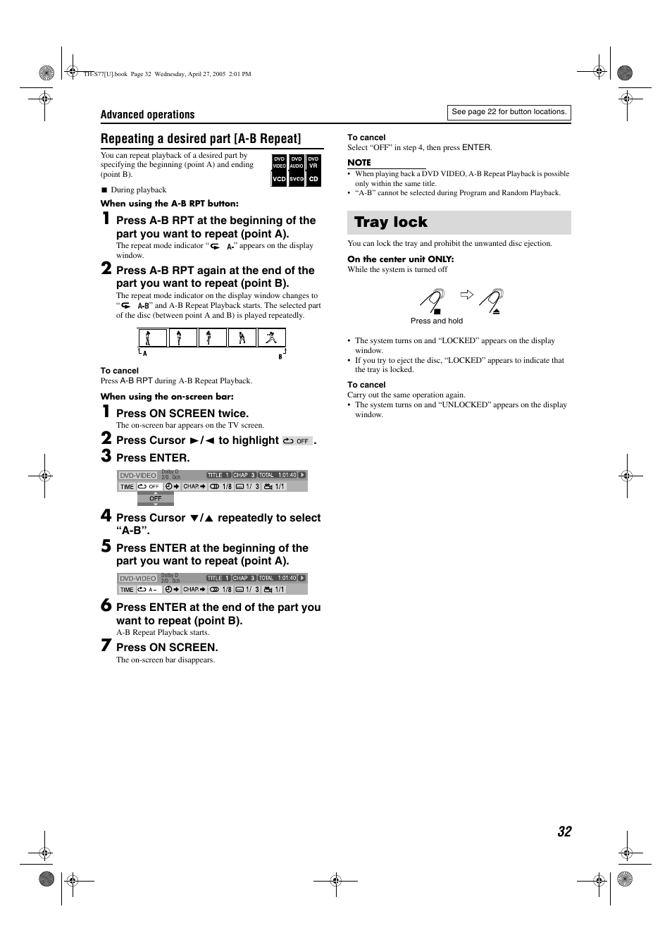 Tray lock, Repeating a desired part [a-b repeat | JVC SP-THS77C User Manual | Page 35 / 46