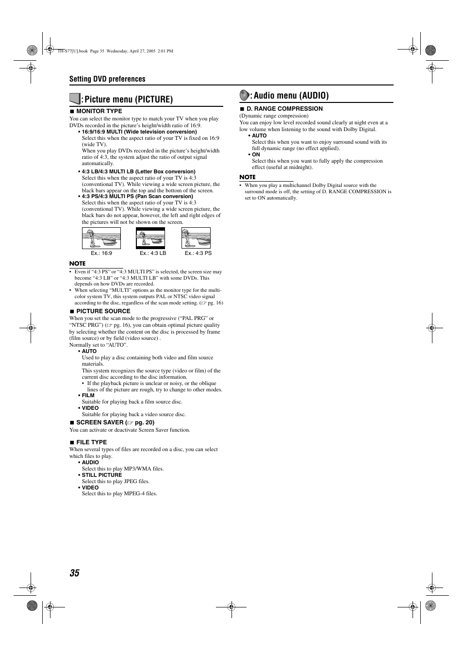 Picture menu (picture), Audio menu (audio), Setting dvd preferences | JVC SP-THS77C User Manual | Page 38 / 46