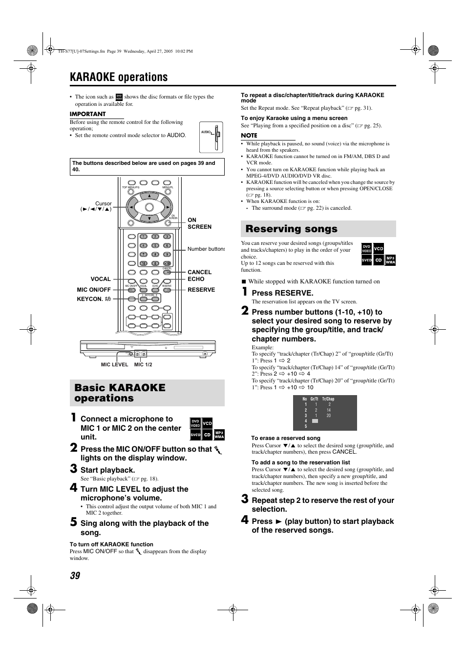 Karaoke operations, Basic karaoke operations, Reserving songs | JVC SP-THS77C User Manual | Page 42 / 46