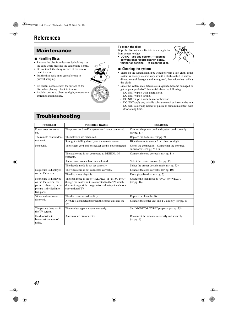 References, Maintenance troubleshooting | JVC SP-THS77C User Manual | Page 44 / 46