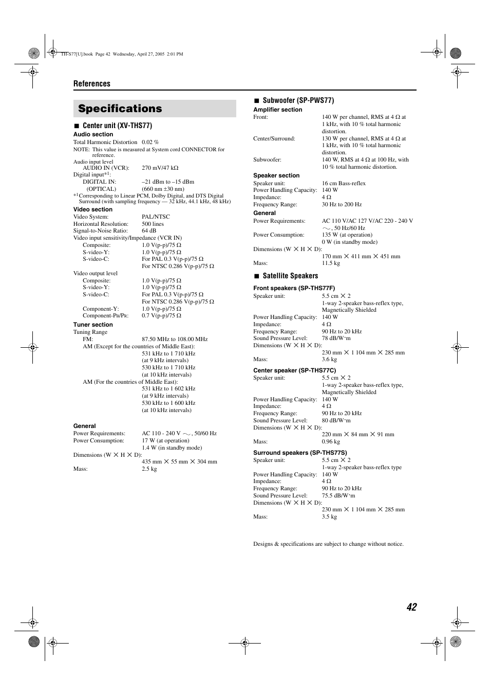 Specifications, References | JVC SP-THS77C User Manual | Page 45 / 46