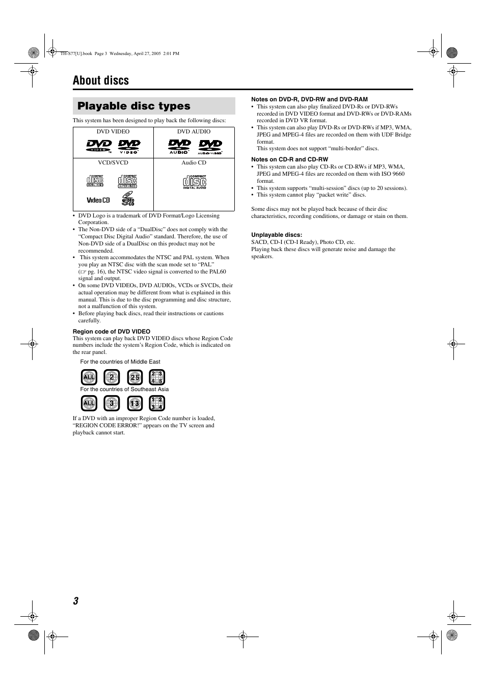 About discs, Playable disc types | JVC SP-THS77C User Manual | Page 6 / 46