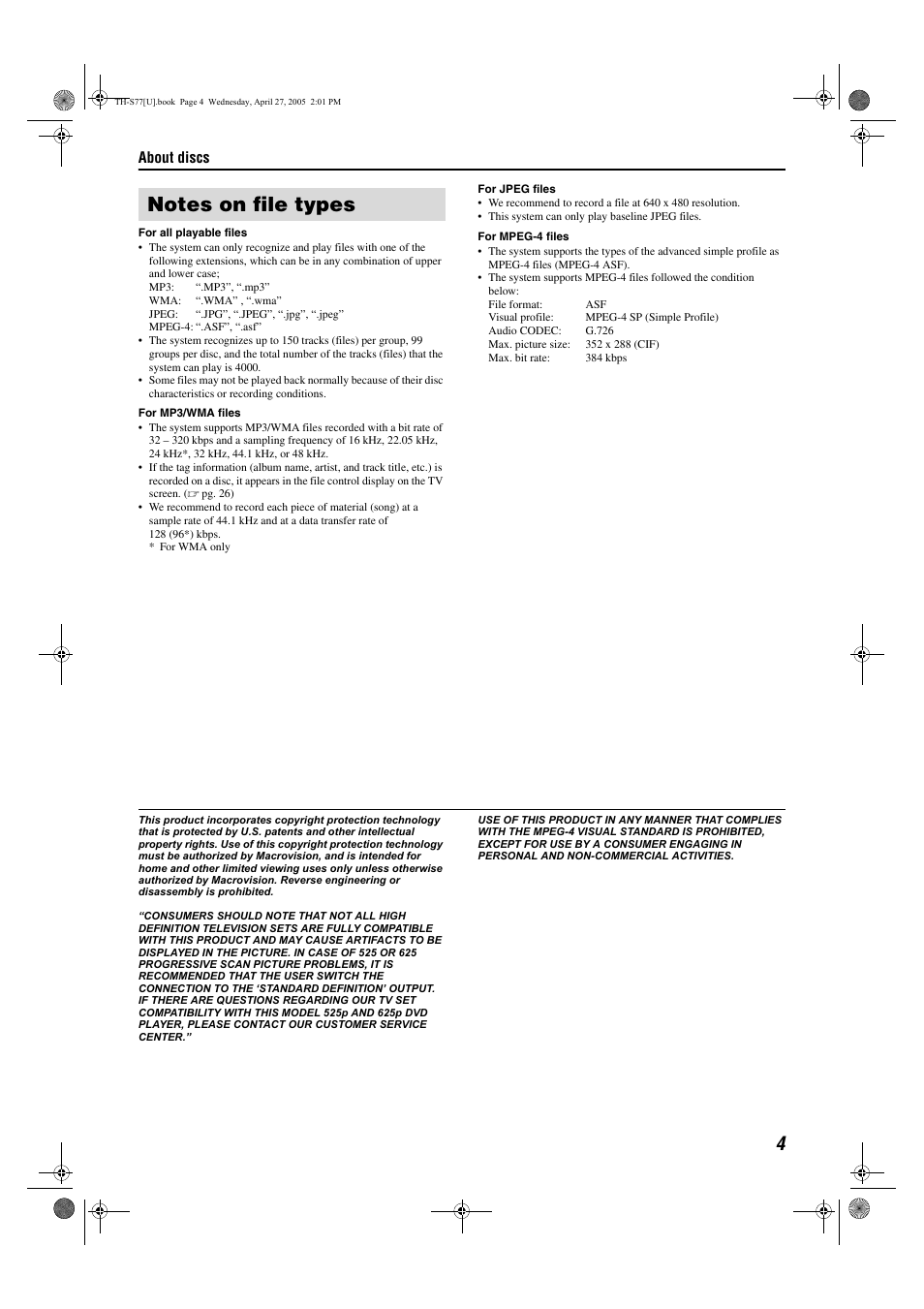 About discs | JVC SP-THS77C User Manual | Page 7 / 46