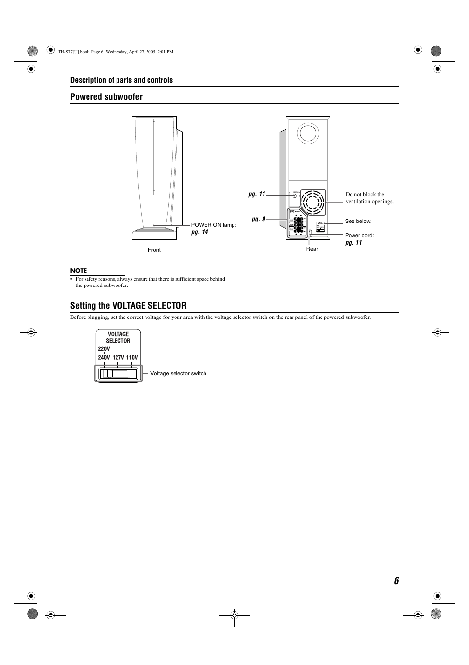 Powered subwoofer, Setting the voltage selector, Description of parts and controls | JVC SP-THS77C User Manual | Page 9 / 46