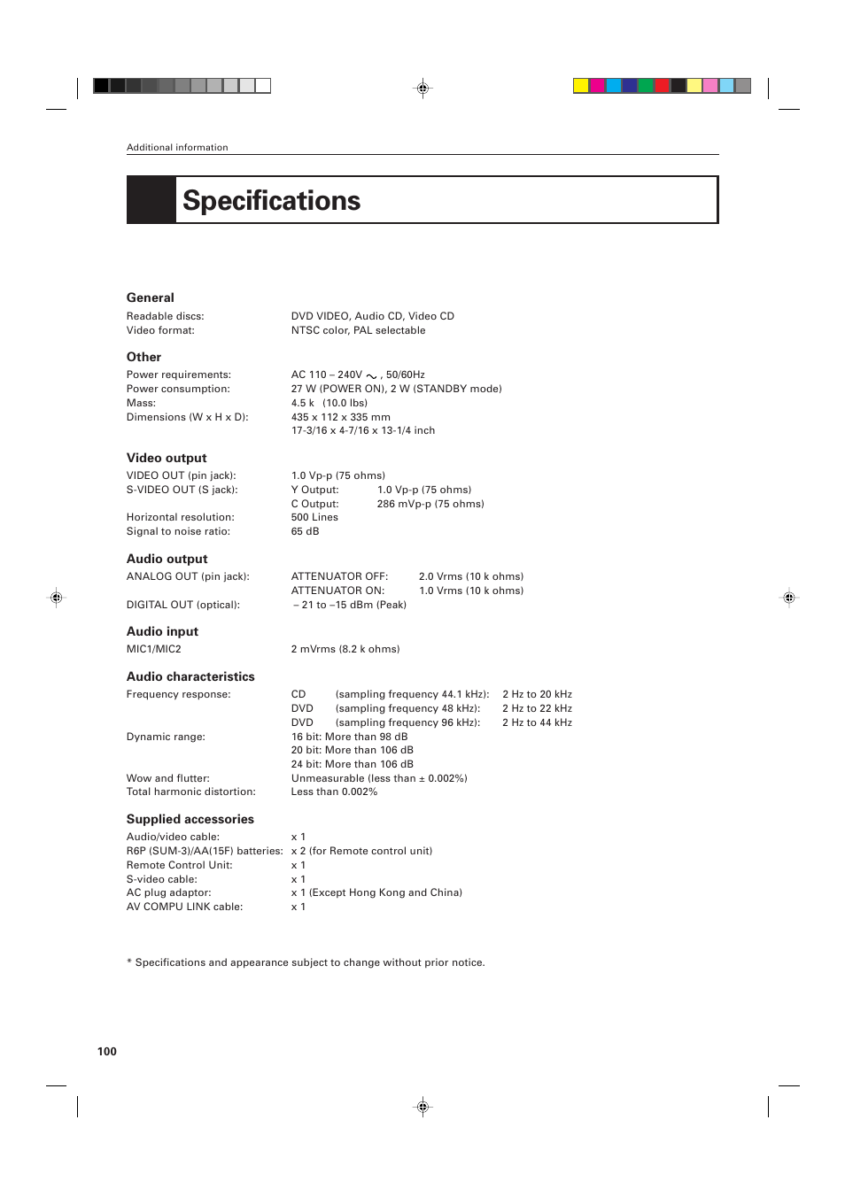 Specifications | JVC XV-K505GD User Manual | Page 104 / 109