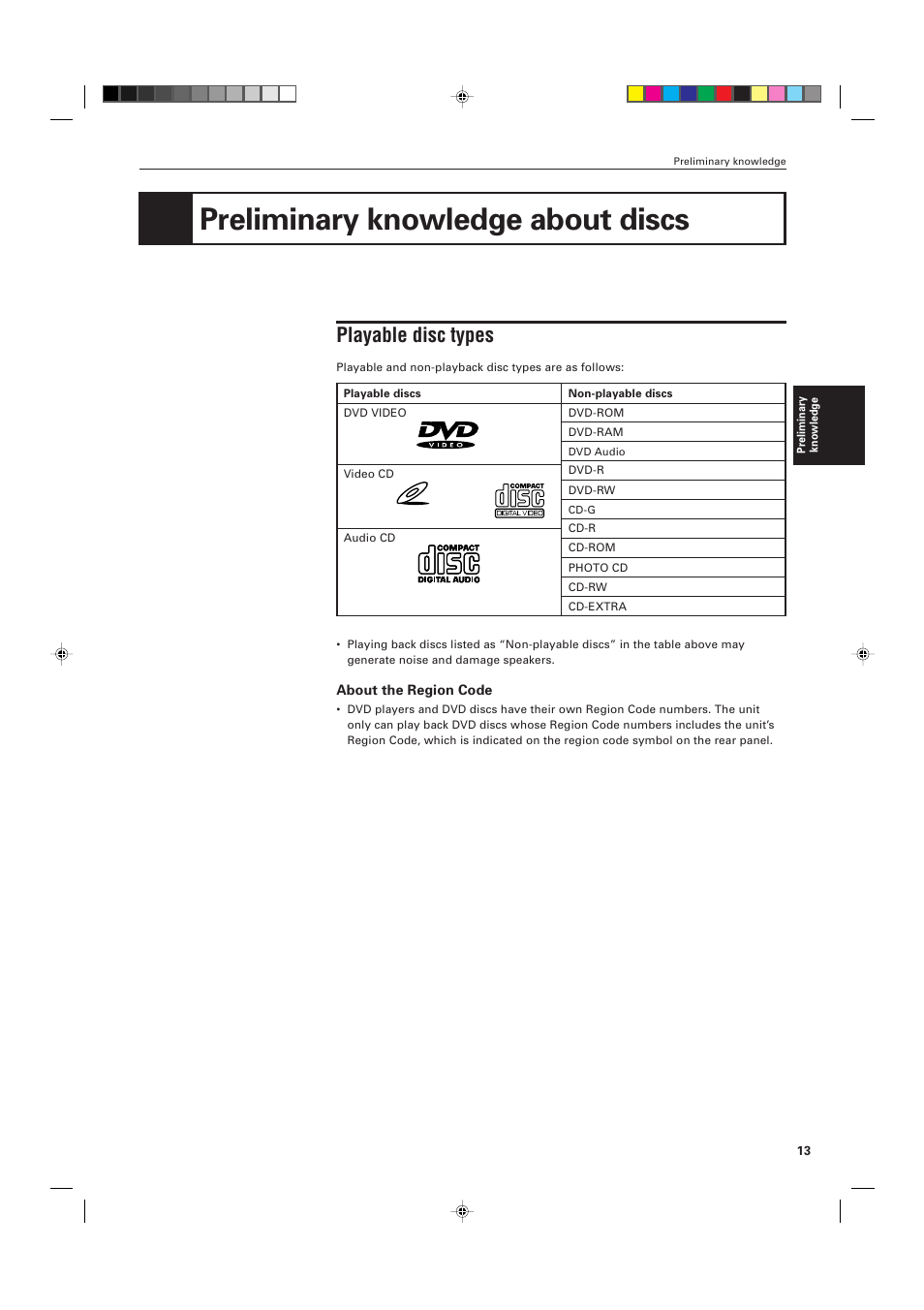 Preliminary knowledge about discs, Playable disc types | JVC XV-K505GD User Manual | Page 17 / 109