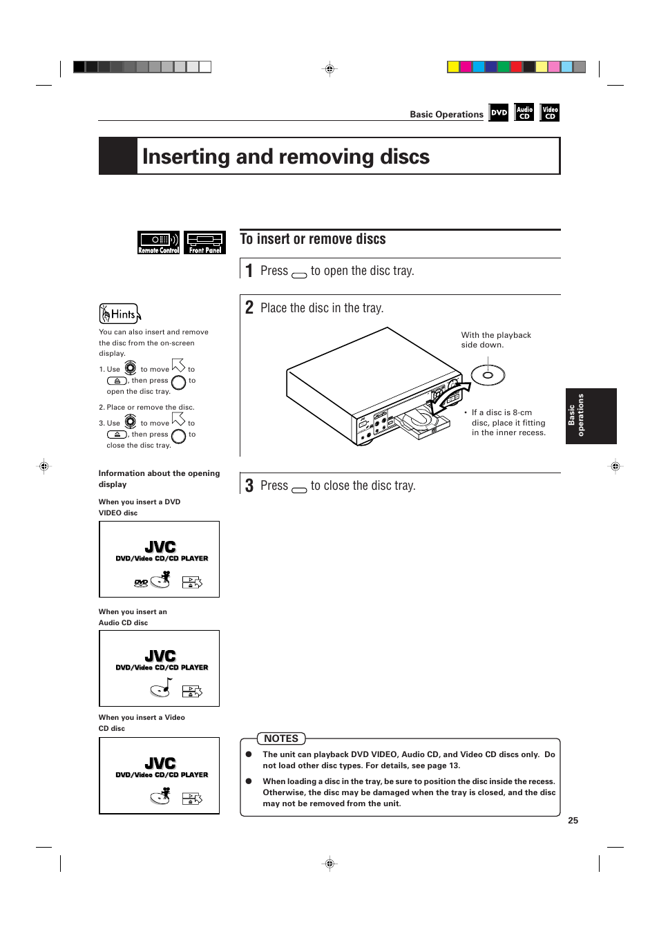 Inserting and removing discs, Press, Place the disc in the tray | JVC XV-K505GD User Manual | Page 29 / 109