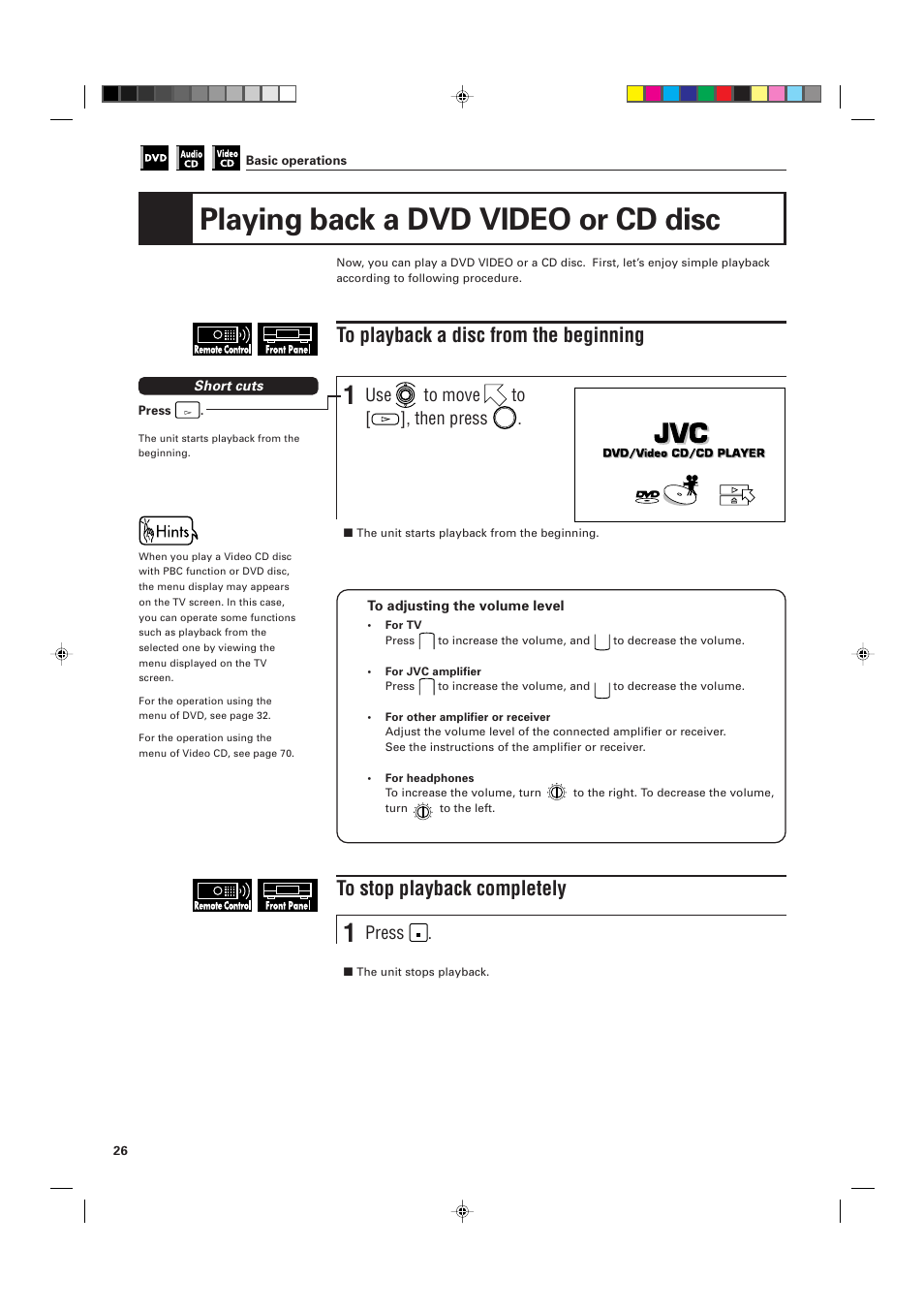 Playing back a dvd video or cd disc, Use to move to [ ], then press, Press | JVC XV-K505GD User Manual | Page 30 / 109