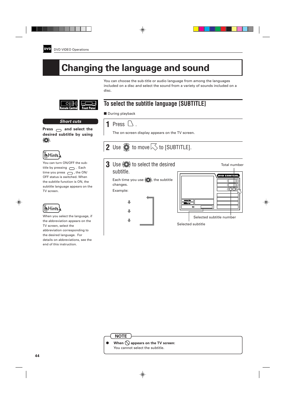 Changing the language and sound, Press, Use to move to [subtitle | Use to select the desired subtitle, Short cuts | JVC XV-K505GD User Manual | Page 48 / 109