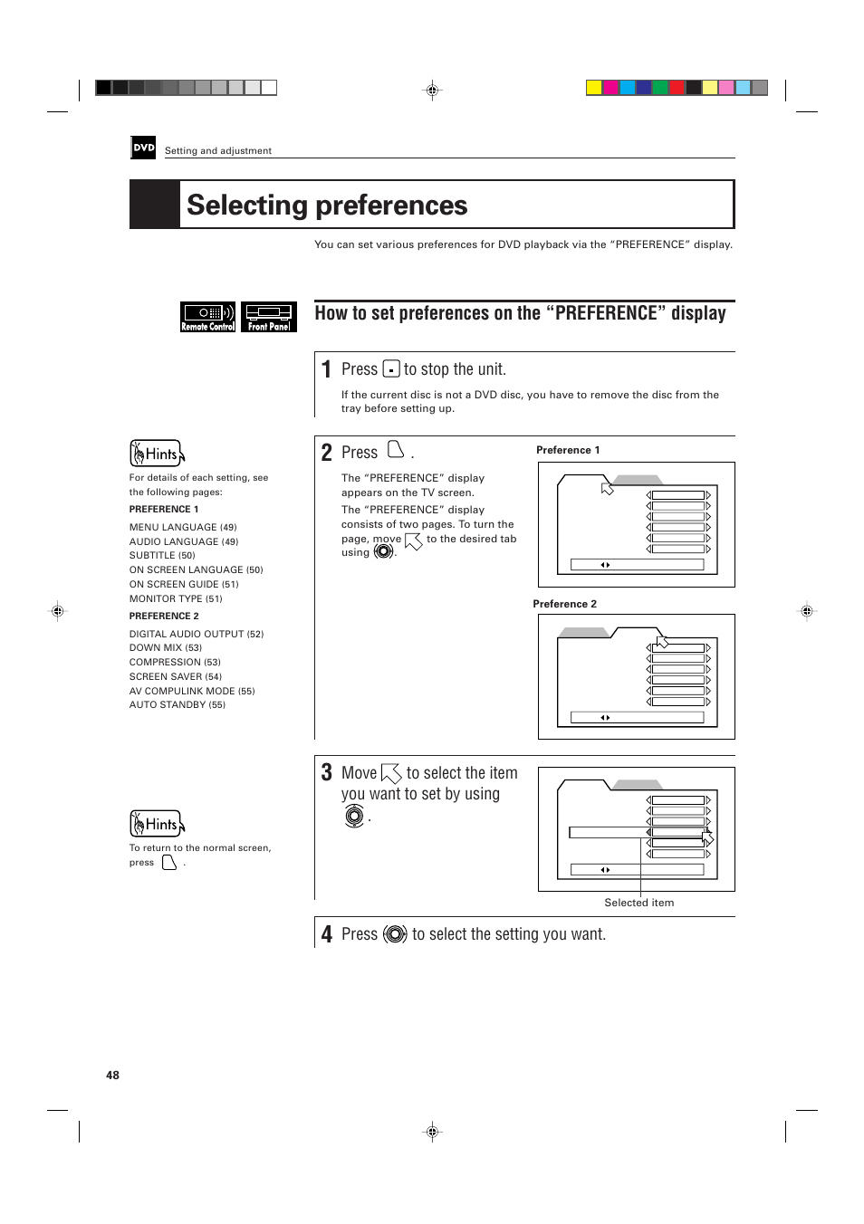 Selecting preferences, How to set preferences on the “preference” display, Press | Move to select the item you want to set by using, Press to select the setting you want | JVC XV-K505GD User Manual | Page 52 / 109