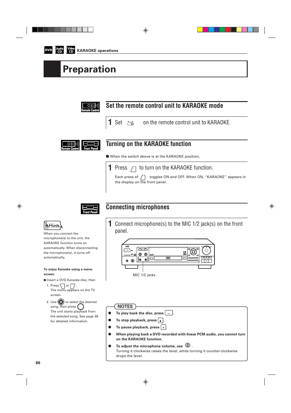 Preparation, Set the remote control unit to karaoke mode, Turning on the karaoke function | Connecting microphones, On the remote control unit to karaoke, Press, Title menu enter stanbay/on | JVC XV-K505GD User Manual | Page 90 / 109