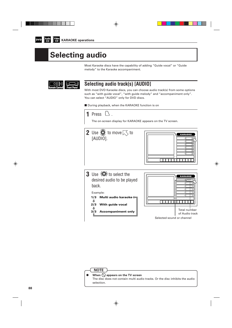 Selecting audio, Selecting audio track(s) [audio, Press | Use to move to [audio, Use to select the desired audio to be played back, 88 karaoke operations | JVC XV-K505GD User Manual | Page 92 / 109