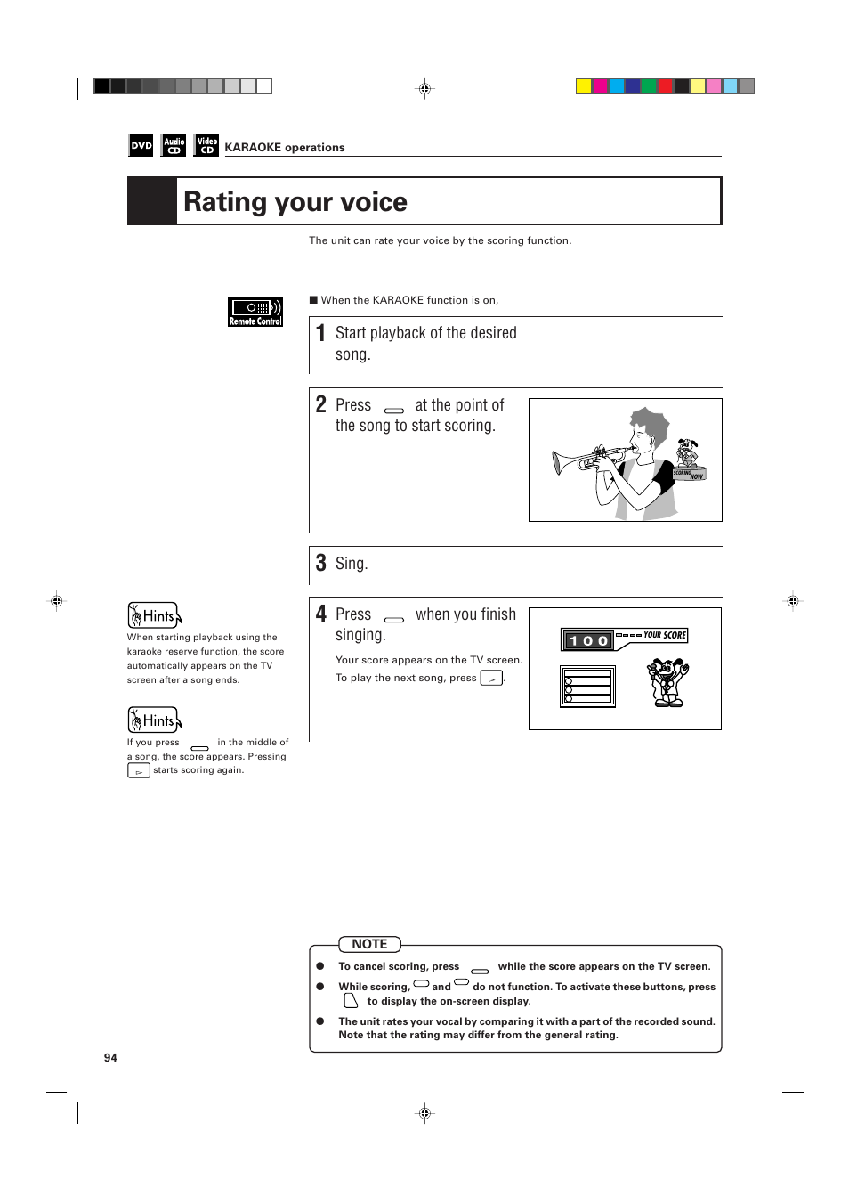 Rating your voice, Start playback of the desired song, Press | At the point of the song to start scoring, Sing, When you finish singing | JVC XV-K505GD User Manual | Page 98 / 109