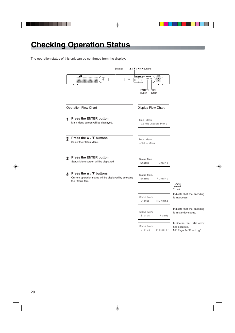 Checking operation status, Multi format high definition television encoder | JVC HDTV Encoder DM-JV600U User Manual | Page 20 / 28