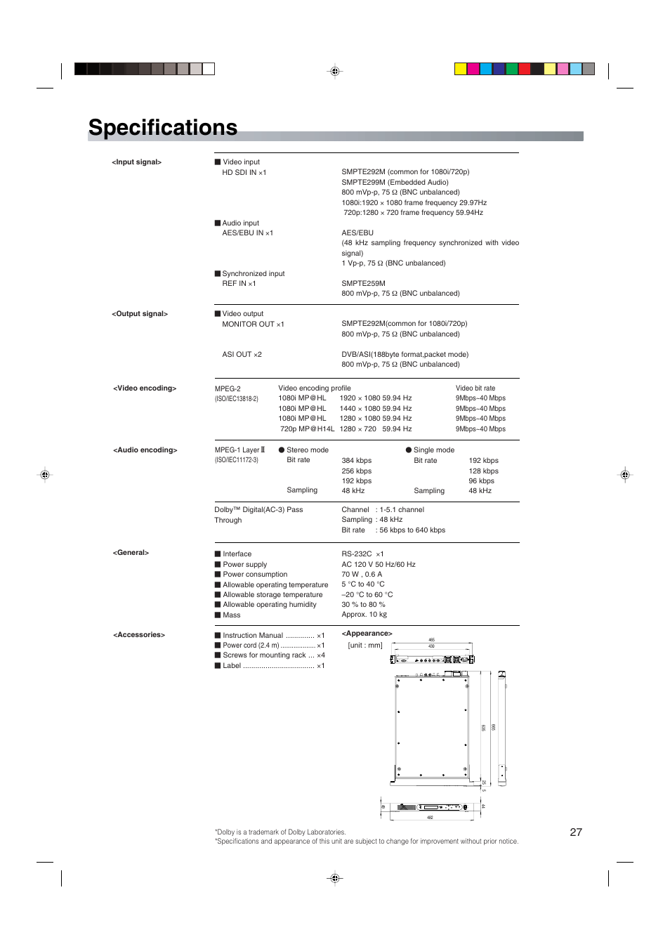Specifications | JVC HDTV Encoder DM-JV600U User Manual | Page 27 / 28