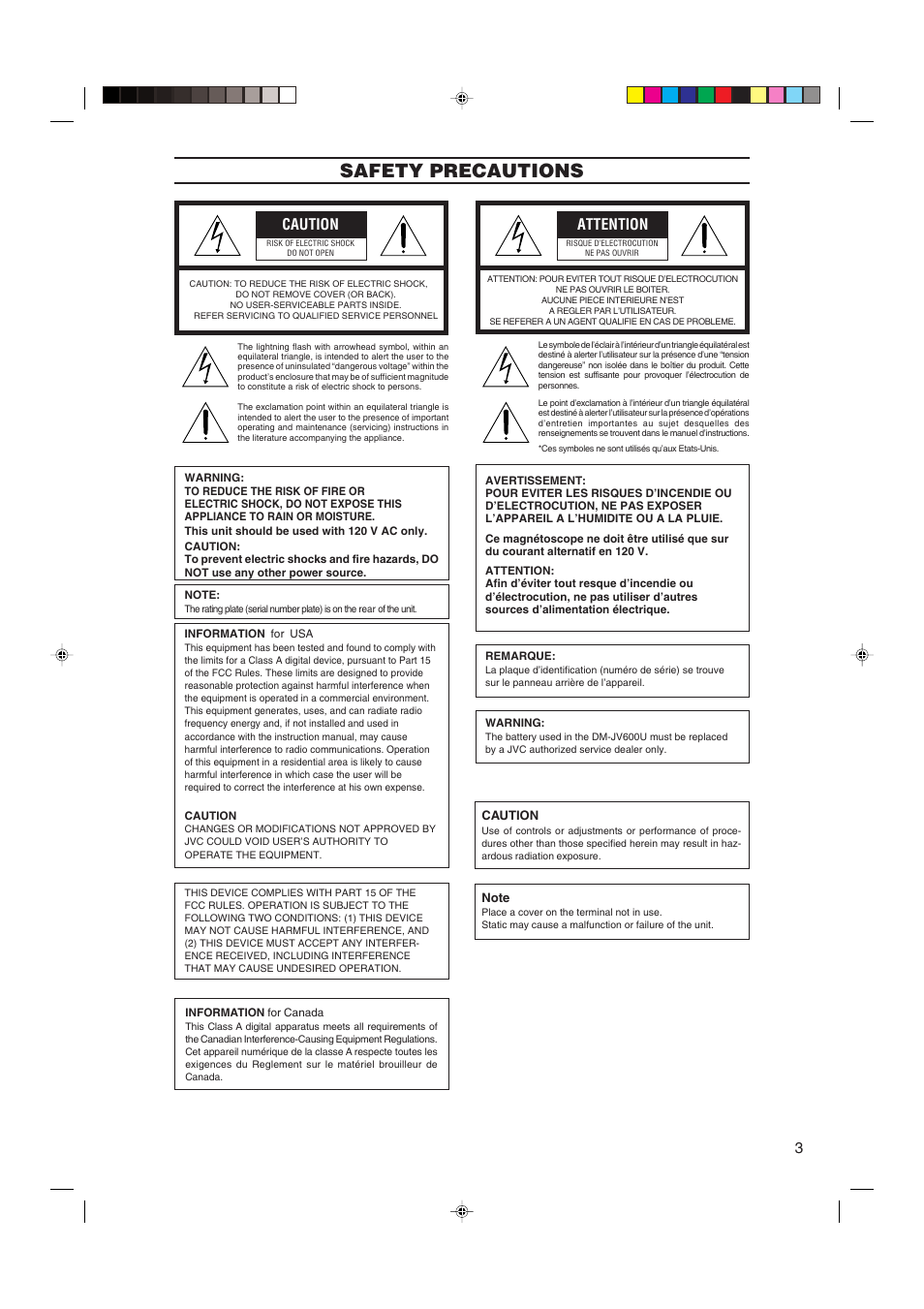 Safety precautions, Caution, Attention | JVC HDTV Encoder DM-JV600U User Manual | Page 3 / 28
