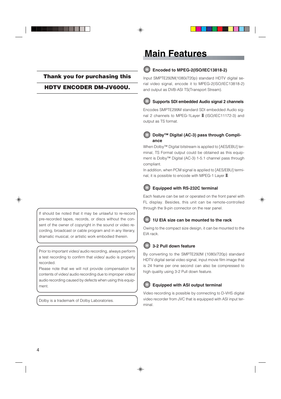 Introduction, Main features | JVC HDTV Encoder DM-JV600U User Manual | Page 4 / 28