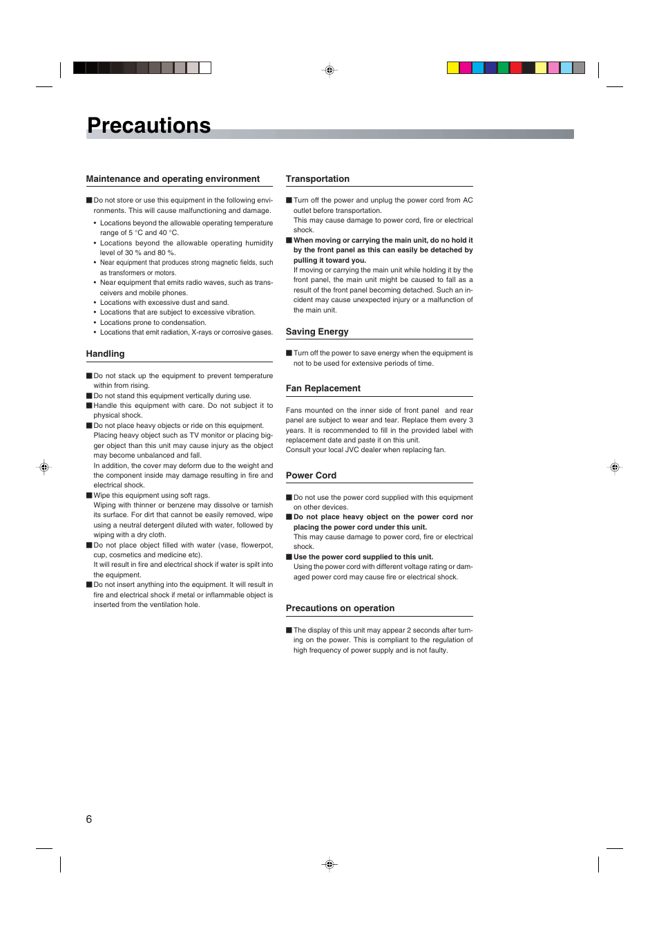 Precautions | JVC HDTV Encoder DM-JV600U User Manual | Page 6 / 28