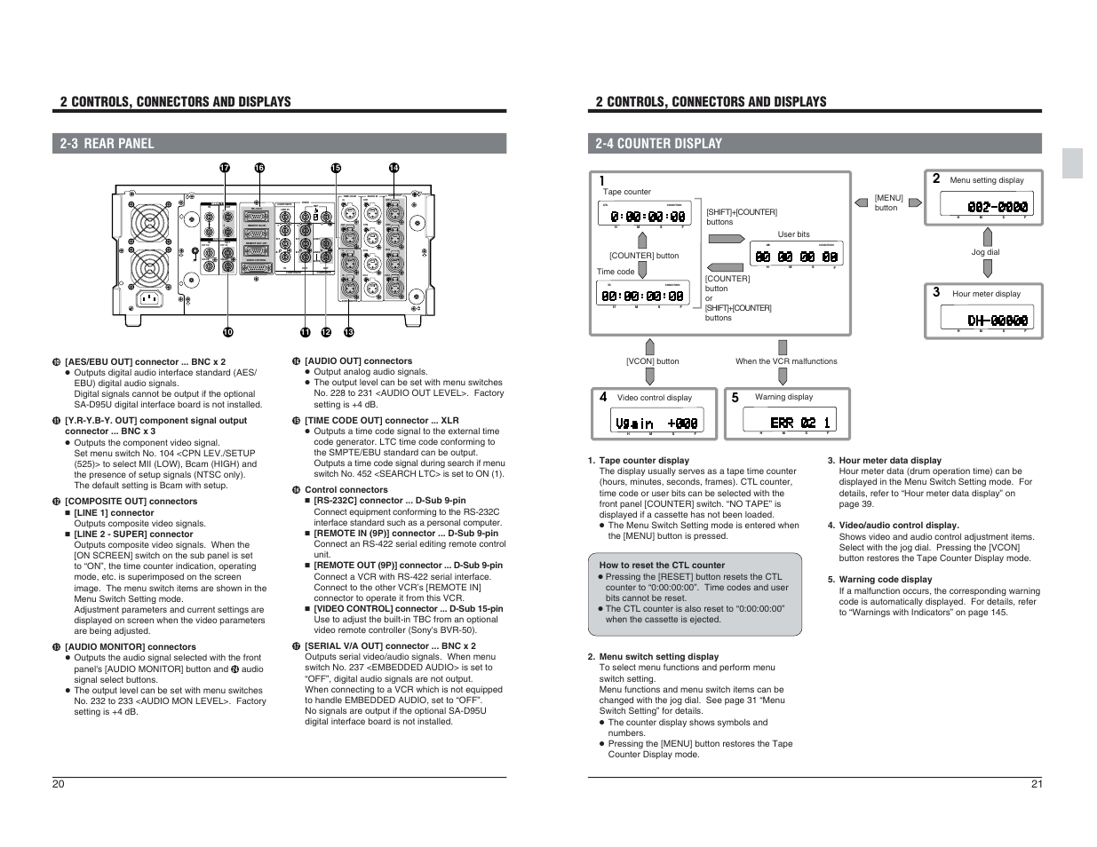 4 counter display, Off on 75, 2 controls, connectors and displays 2-3 rear panel | JVC BR-D95U User Manual | Page 11 / 76