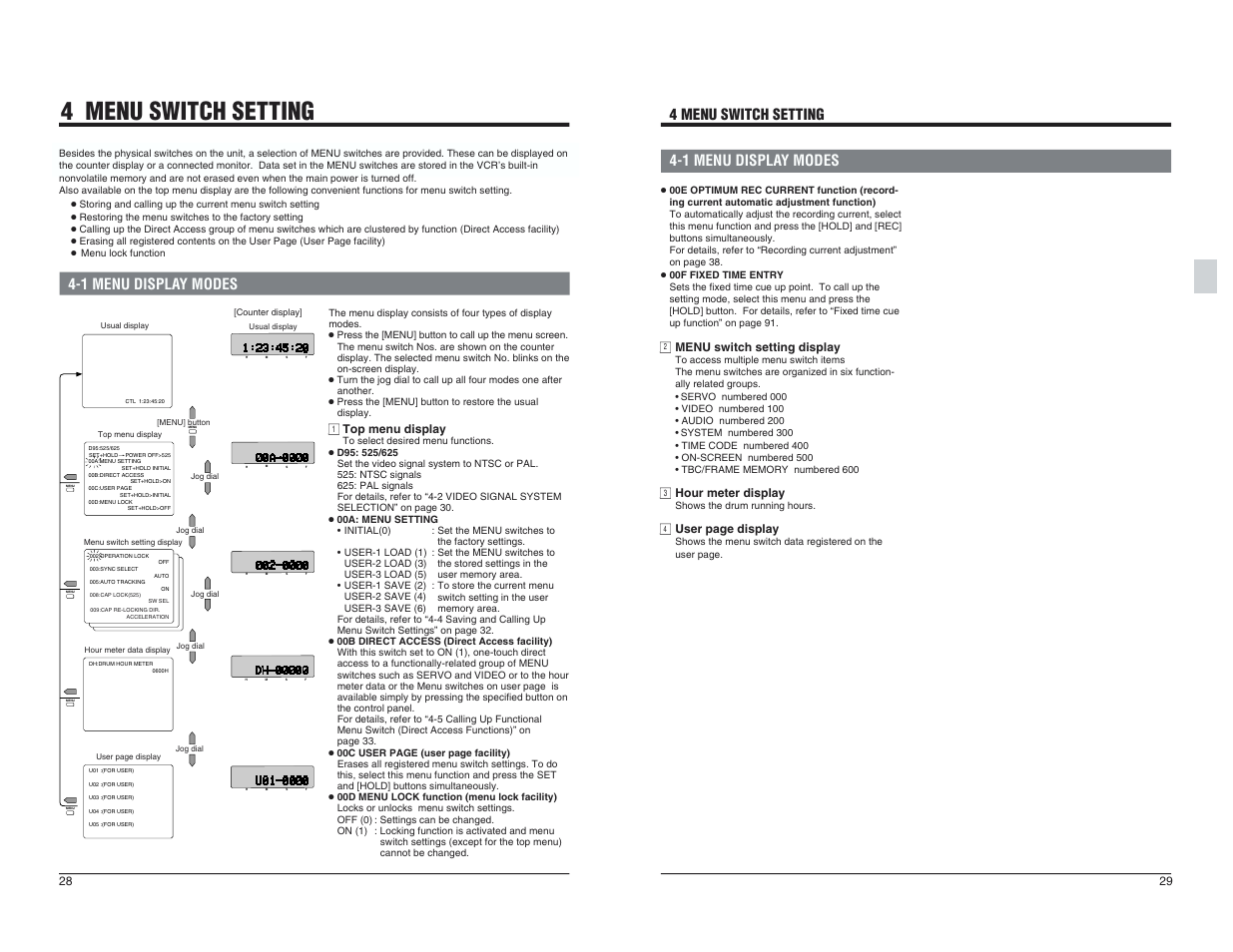 4 menu switch setting, 1 menu display modes, 1 top menu display | 2 menu switch setting display, 3 hour meter display, 4 user page display | JVC BR-D95U User Manual | Page 15 / 76