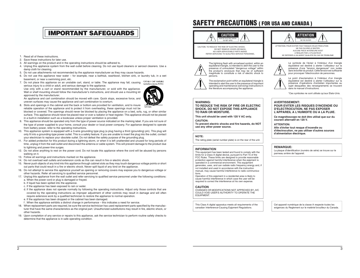 Important safeguards, Safety precautions ( for usa and canada ), Safety precautions | For usa and canada ) | JVC BR-D95U User Manual | Page 2 / 76