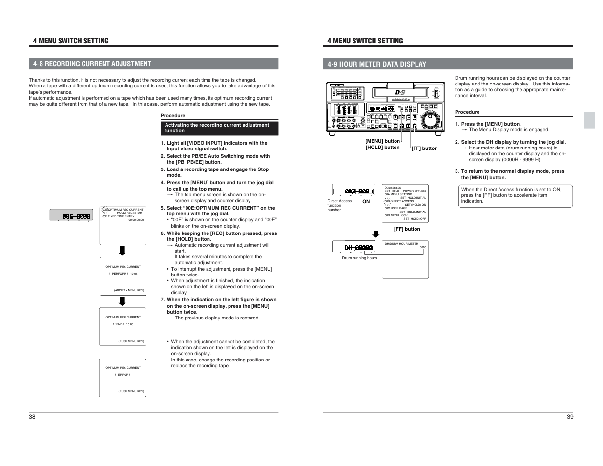 8 recording current adjustment, 9 hour meter data display | JVC BR-D95U User Manual | Page 20 / 76