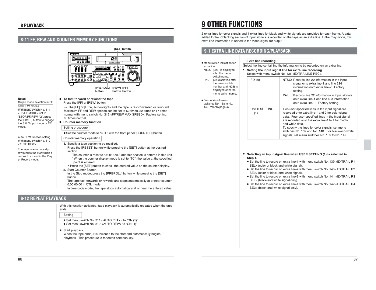 11 ff, rew and counter memory functions, 12 repeat playback, 9 other functions | 1 extra line data recording/ playback | JVC BR-D95U User Manual | Page 44 / 76