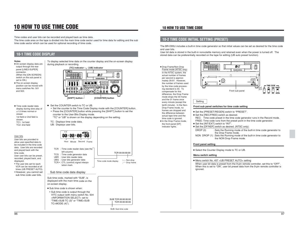 10 how to use time code, 1 time code display, 2 time code initial setting (preset) | JVC BR-D95U User Manual | Page 49 / 76