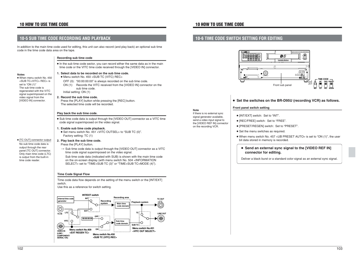 5 sub time code recording and playback, 6 time code switch setting for editing | JVC BR-D95U User Manual | Page 52 / 76