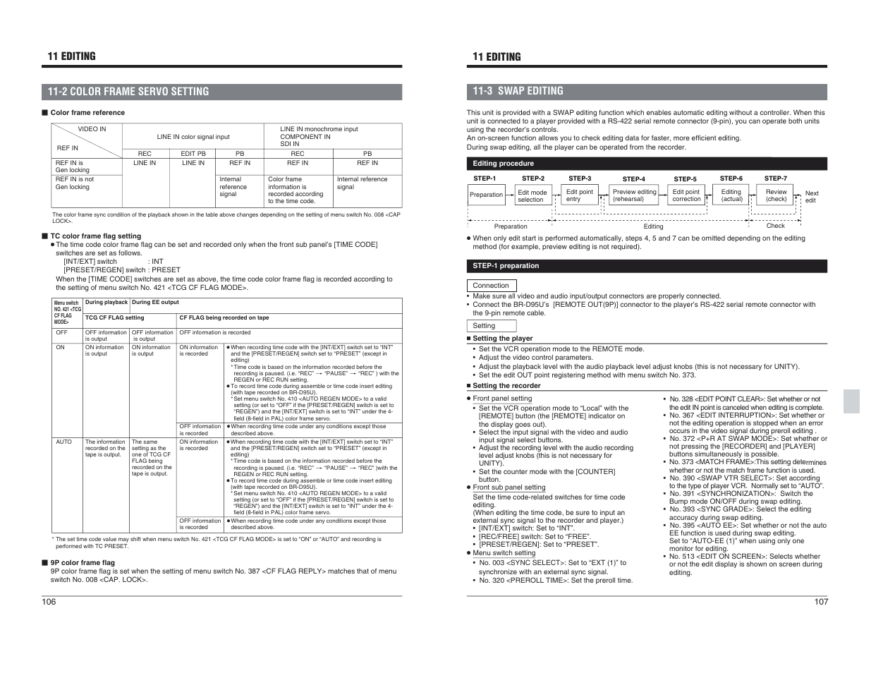 3 swap editing, 2 color frame servo setting 11 editing, 3 swap editing 11 editing | JVC BR-D95U User Manual | Page 54 / 76