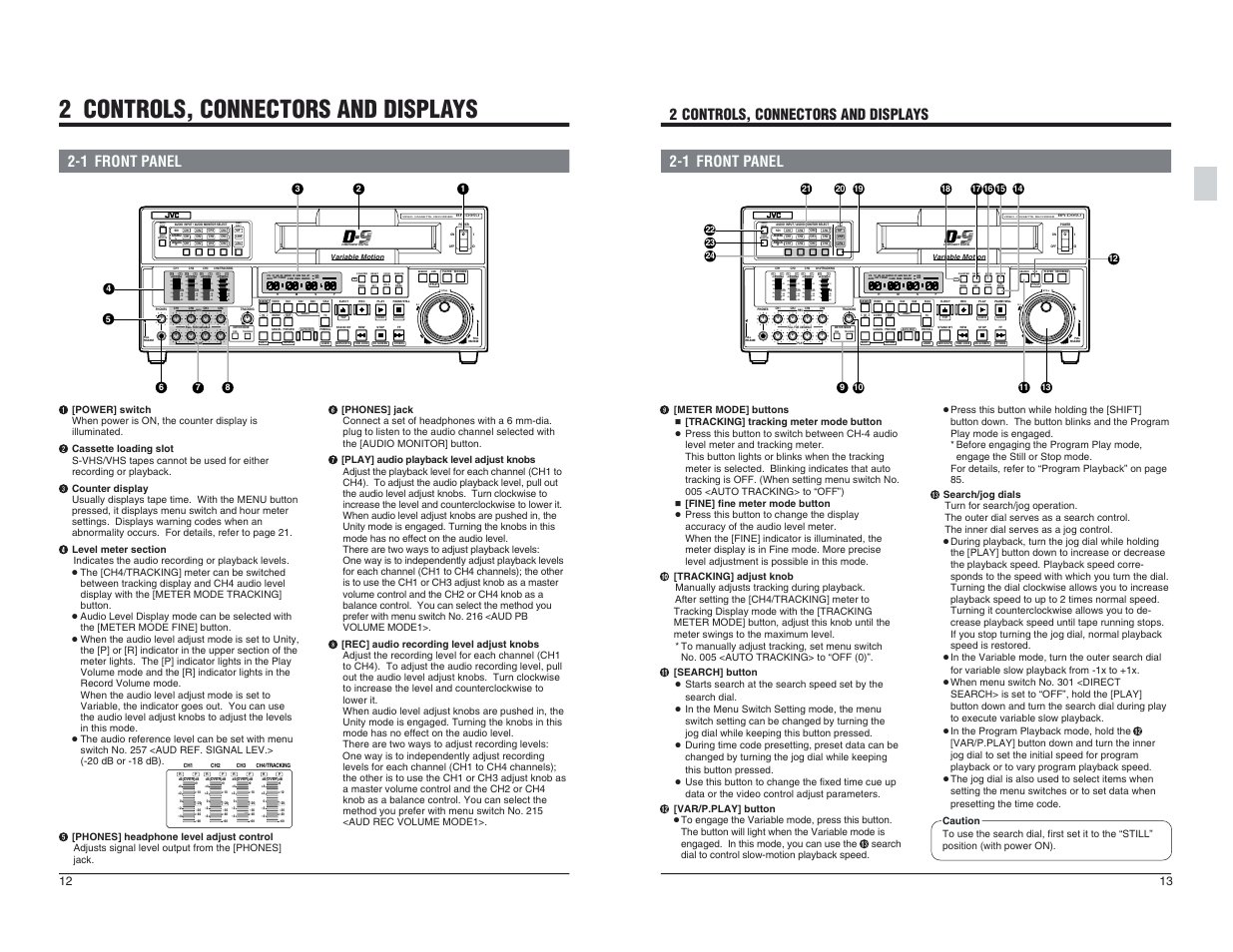 2 controls, connectors and displays, 1 front panel, Menu | Reset vcon remote, Insert, Tracking fine, Video cassette recorder, Still x-1 rev fwd x1, 1 front panel 2 controls, connectors and displays | JVC BR-D95U User Manual | Page 7 / 76