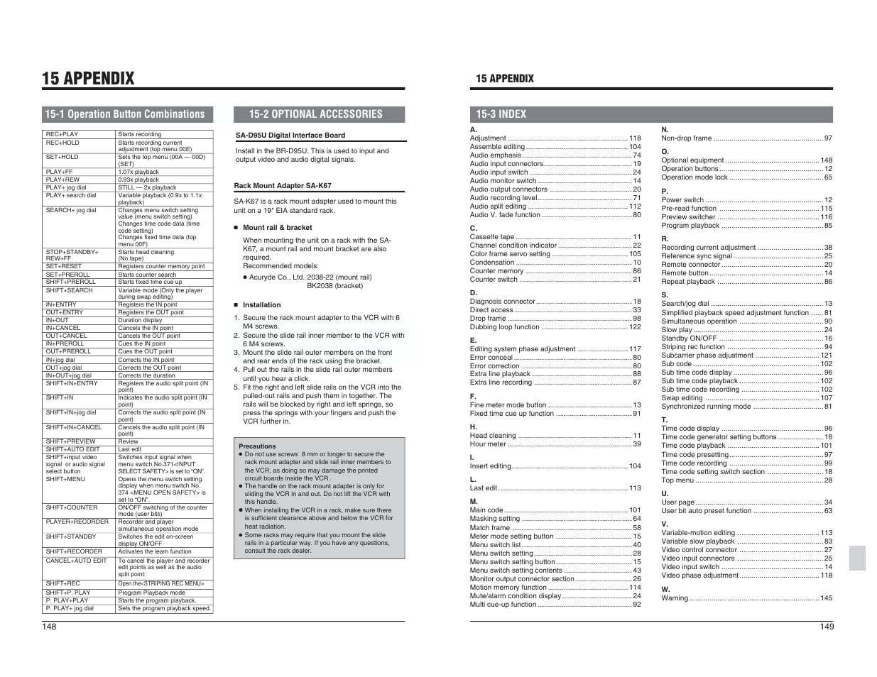15 appendix, 1 operation button combinations, 2 optional accessories | 3 index, 3 index 15 appendix | JVC BR-D95U User Manual | Page 75 / 76