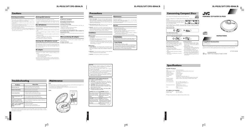 Xl-pg3s b, P6 p1 p5, Maintenance | Precautions, Troubleshooting, Specifications cautions, Concerning compact discs, Caution, Warning, Supplied accessories | JVC XL-PG3B User Manual | Page 3 / 23