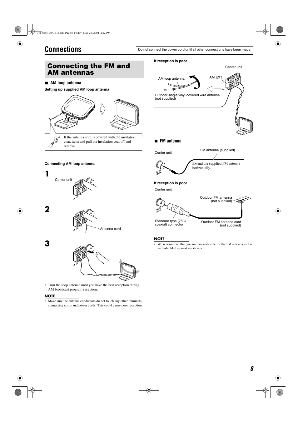 Connections, Connecting the fm and am antennas, Pg. 8 | JVC LVT1148-010A User Manual | Page 11 / 48