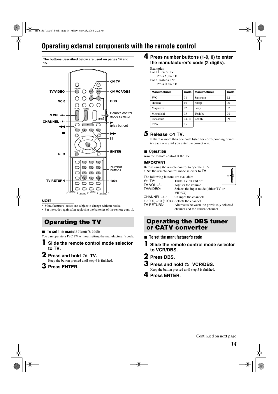 Pg. 14, Operating the tv, Operating the dbs tuner or catv converter | JVC LVT1148-010A User Manual | Page 17 / 48