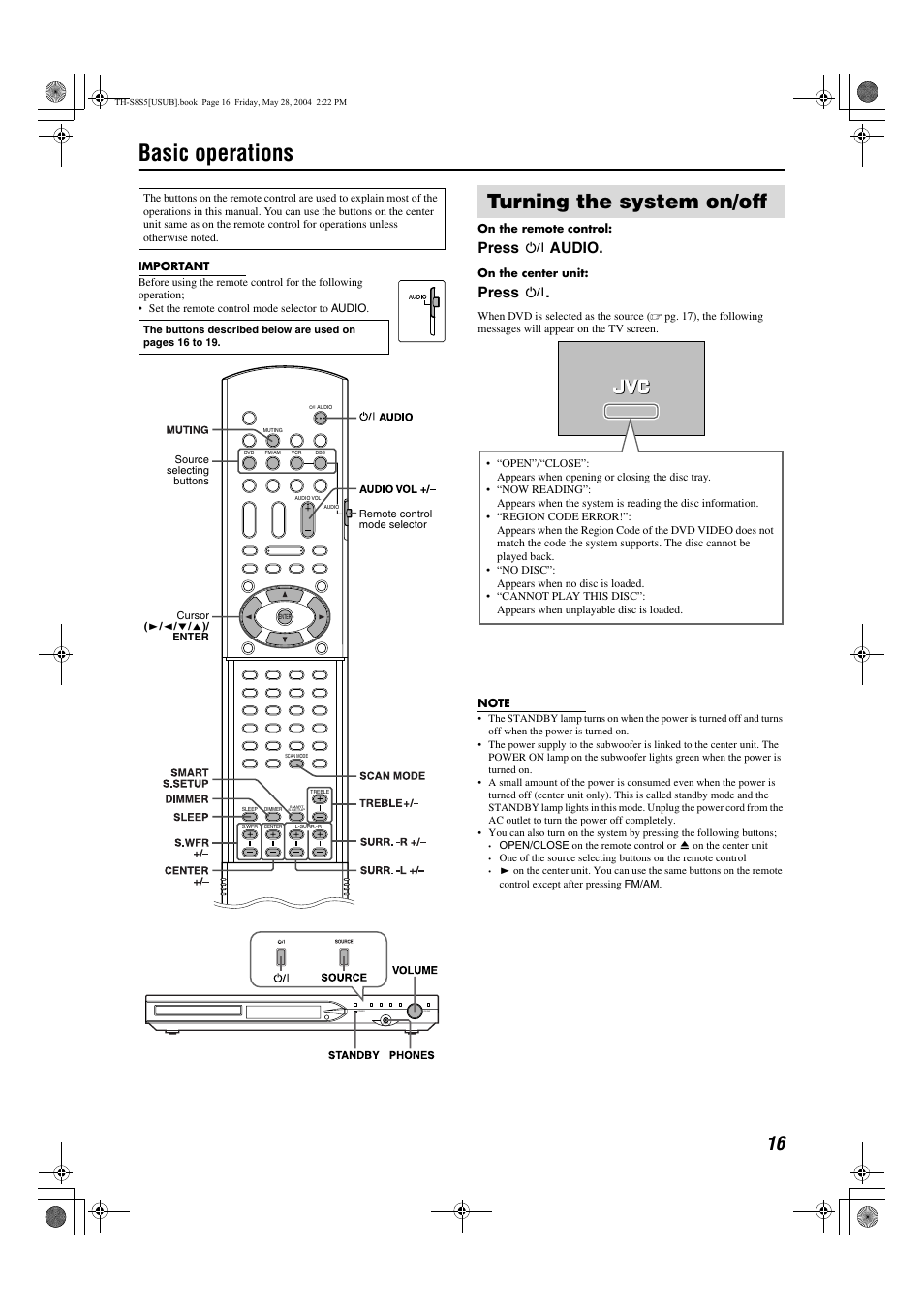 Basic operations, Turning the system on/off, Pg. 16 | Press f audio, Press f, Volume standby phones | JVC LVT1148-010A User Manual | Page 19 / 48