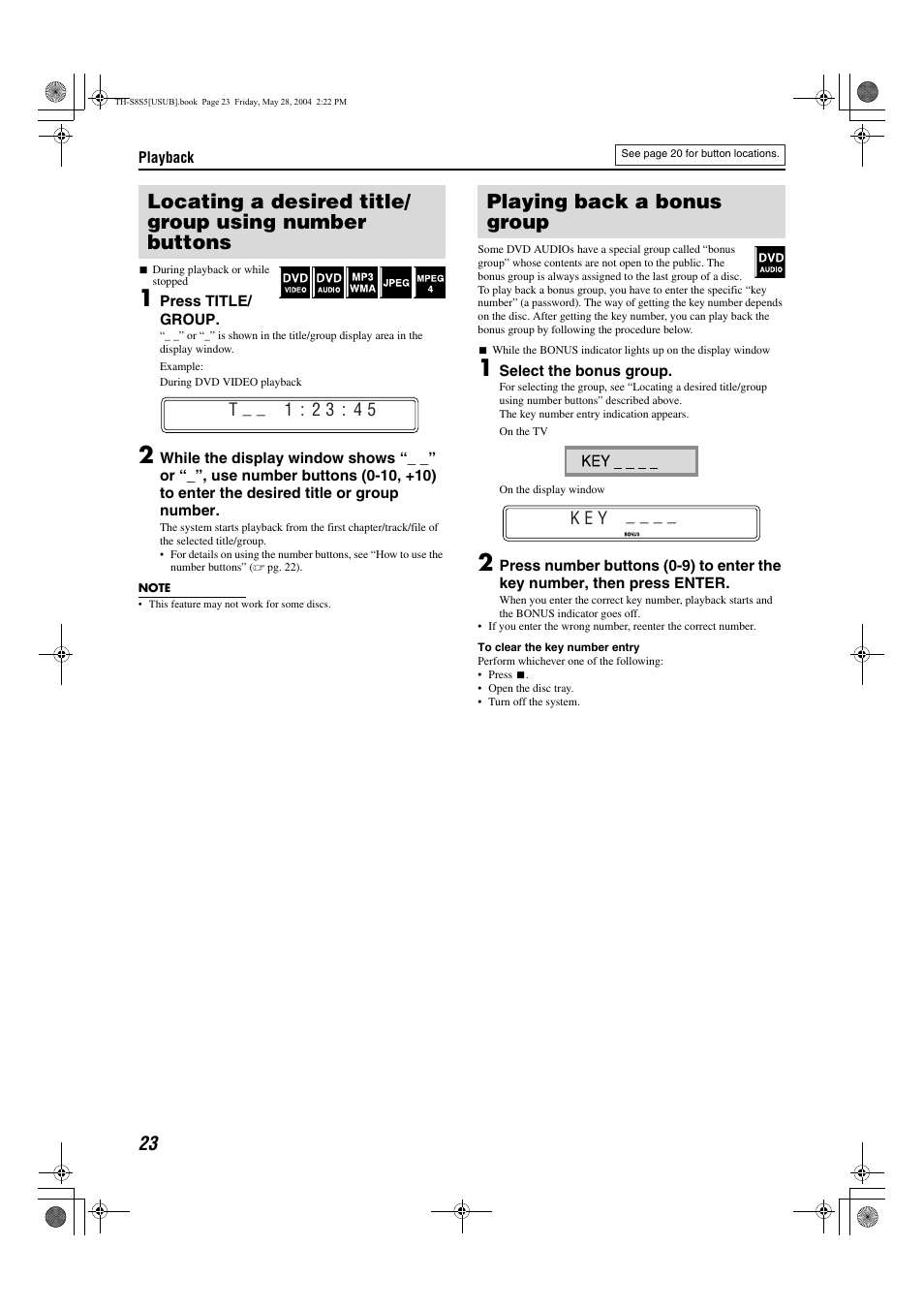 Pg. 23, To 23, Playing back a bonus group | T : 2 3 : 4 5, K e y | JVC LVT1148-010A User Manual | Page 26 / 48